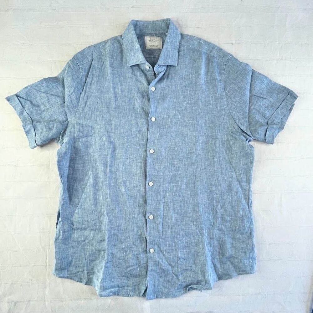 Baird McNutt Murano Linen Button Up Shirt Mens Large Blue Cuffed Short Sleeves